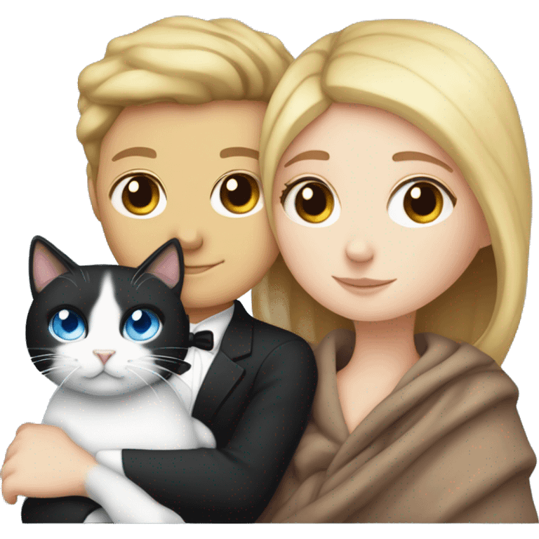 White girl with blue eyes snuggling with a tuxedo cat with a blanket emoji