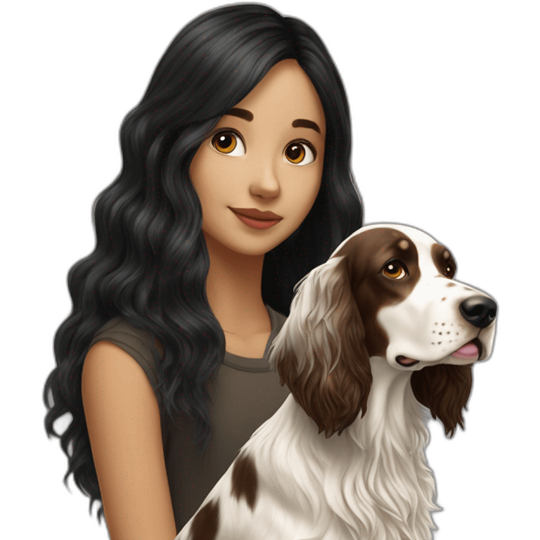 hyperrealist caucasian girl black long hair with brown english setter dog emoji