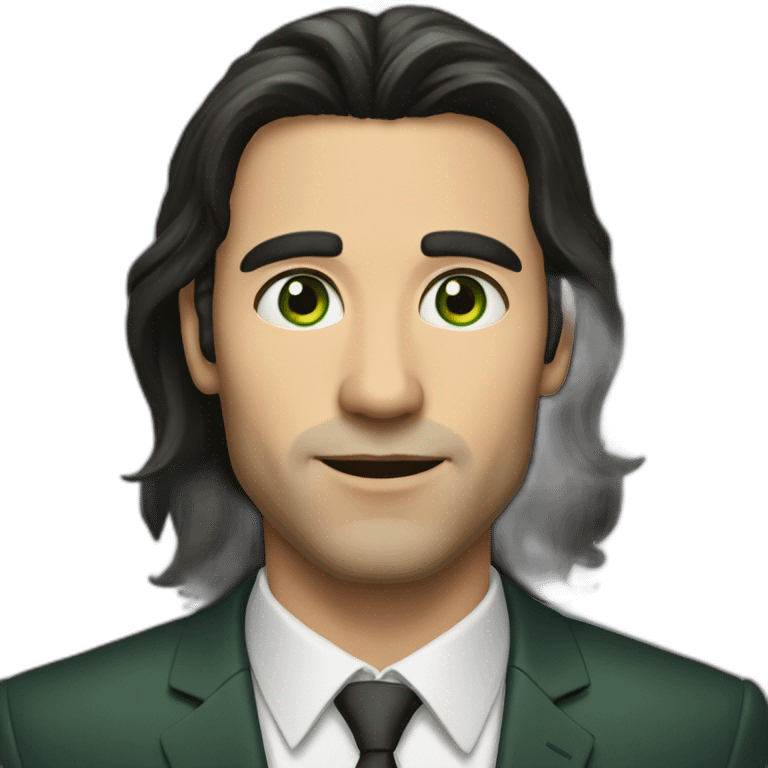 a man with long dark hair in a suit, green eyes emoji