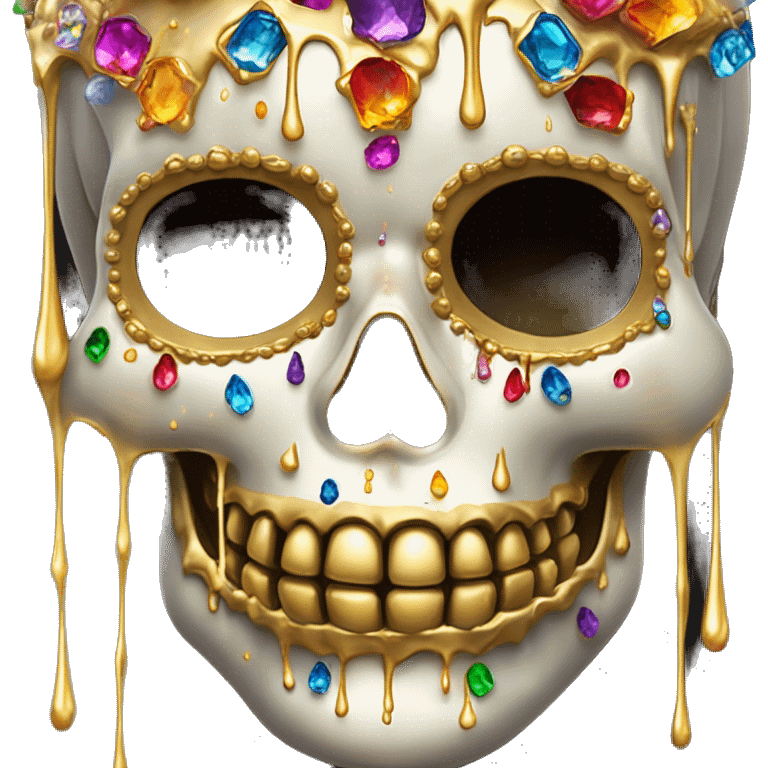 Realistic sugar skull decorated with colorful rhinestones with metallic gold candle on top of its head dripping down melted metallic gold wax down the skull emoji