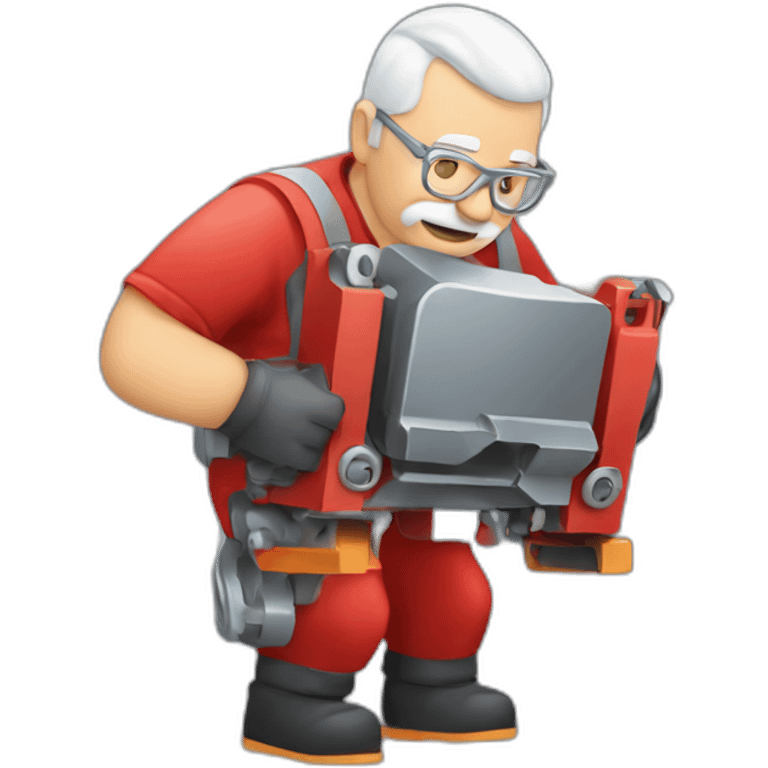 Industrial professional senior mechanical assembler working on the assembly of heavy machinery with a red outfit emoji