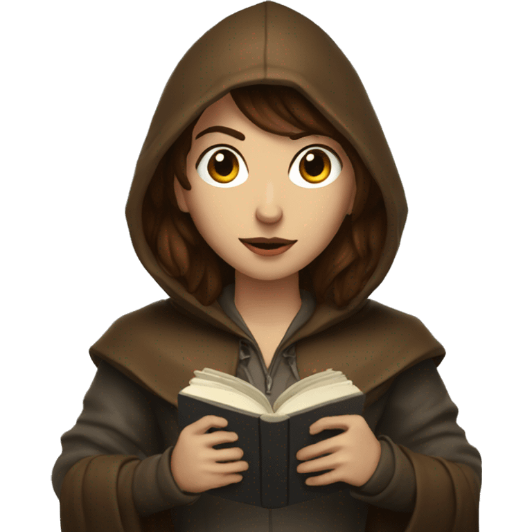 human rogue with brown hair holding a book wearing a hood emoji