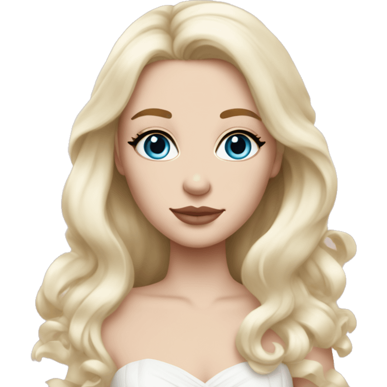 White bride with long light blonde hair and blue eyes with light pink peonies in hair white skin light pink lips emoji