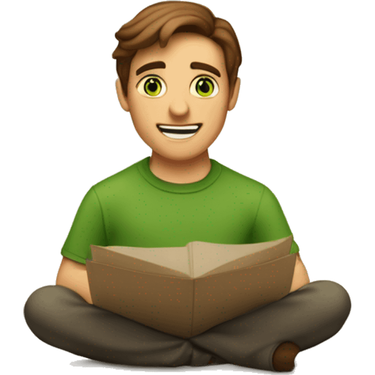 a light-skinned green-eyed man with brown hair sitting in front of the paper scroll  emoji