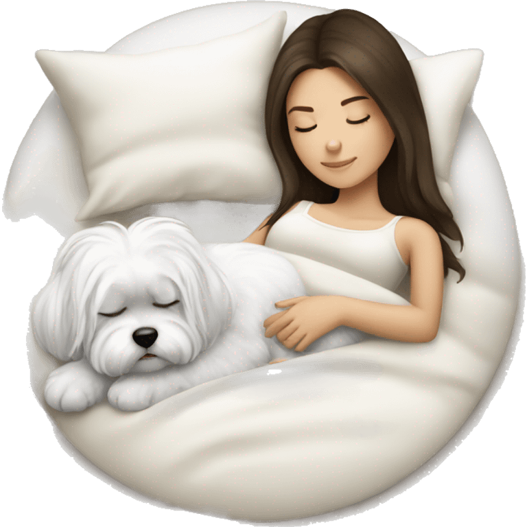 brunette girl sleeping with white maltese emoji