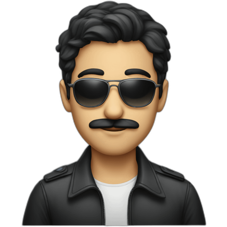 A young Iranian man with a moustache and sunglasses and dark ai emoji