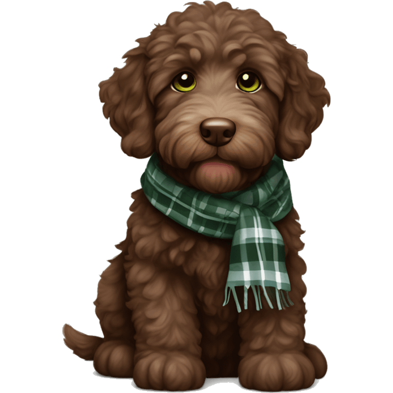 Chocolate brown labradoodle puppy.  Chubby.  Little bit of white on her chest.  Green eyes.  Wearing a Scottish plaid scarf.   emoji