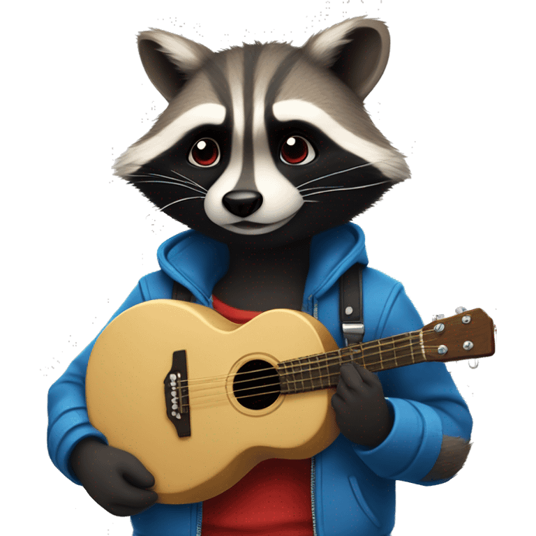 Furry red black blue raccoon eat cookie andand he holds a guitar in his hand emoji