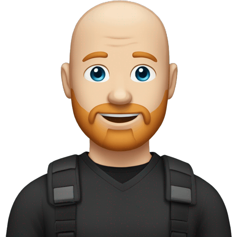 A Bald man with !blue! eyes and a ginger beard, wearing a black v-neck t-shirt. with a warm and welcome round face emoji