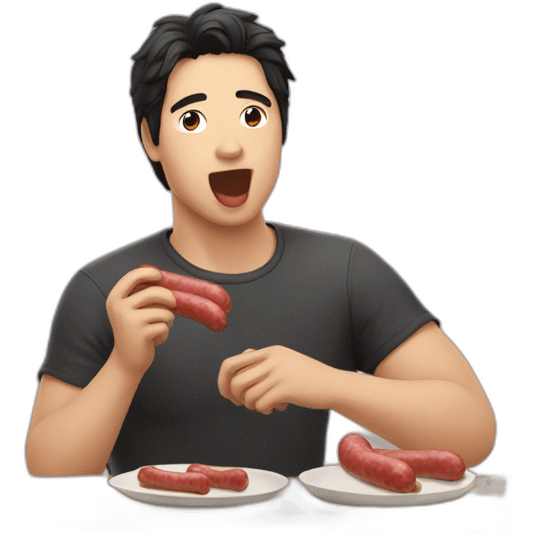 Kawai men with dark hair eating sausage emoji