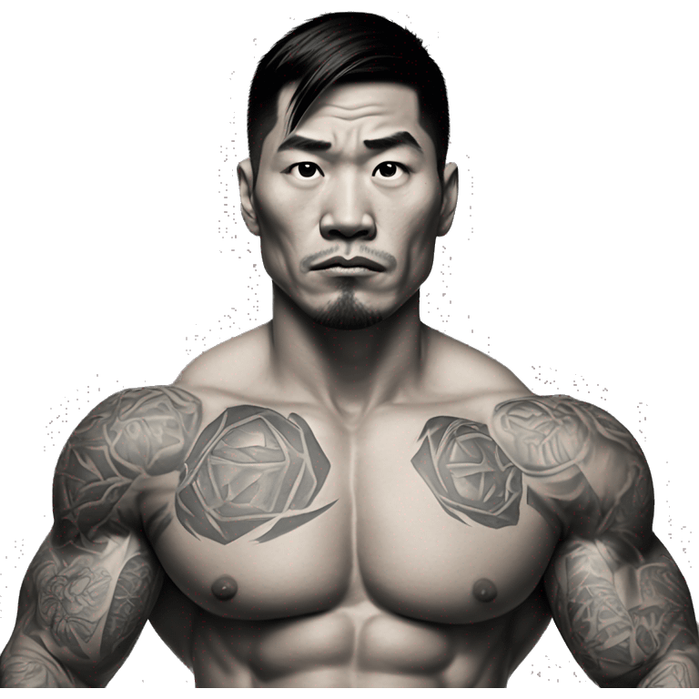 bad boy asian. tattoos. muscles. holding weights. realistic looking (proper man), full body with legs. making the 'rizz' face  emoji