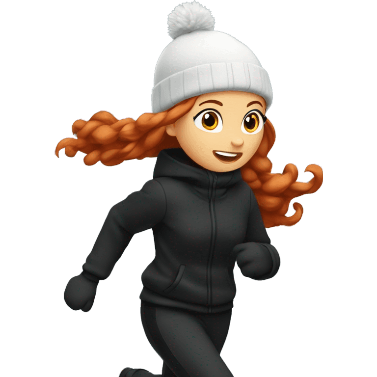 Redhair girl running in winter all black outfit in 2D emoji