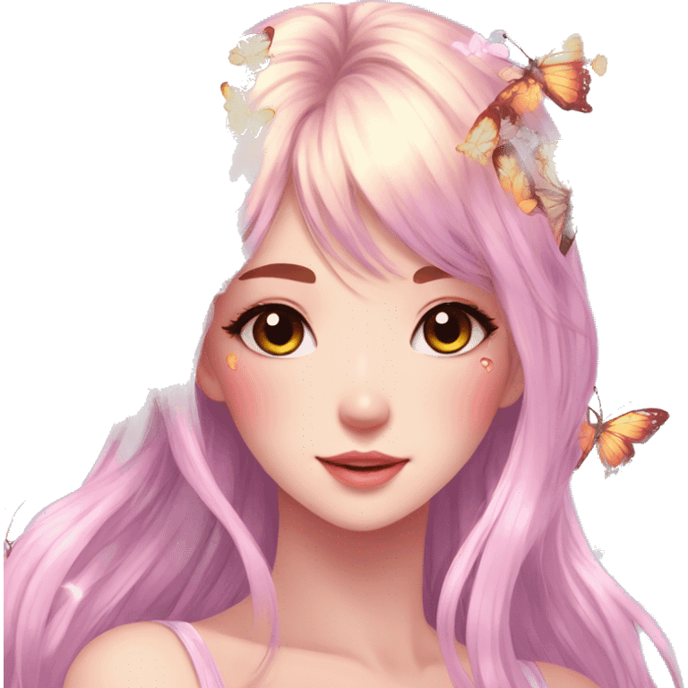 gorgeous shiny anime lady with butterflies and beautiful hair fairycore high quality detailed emoji