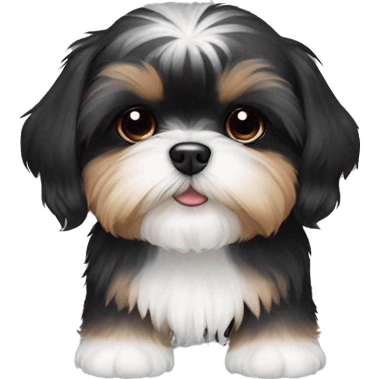 Shih tzu black puppy, yorkie coloring with light colored eyebrows. Round face, short ears. Looks like teddy bear  emoji