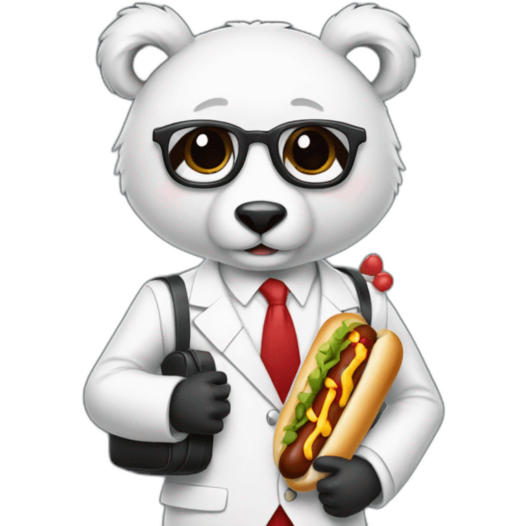 A professor with white suit and red tie and a panda face eating a hotdog and holding a black suitcase emoji