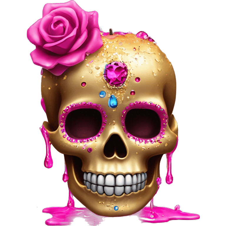 Realistic hot pink sugar skull decorated with colorful rhinestones with metallic gold candle on top of its head dripping meltdown metallic gold wax down skull emoji