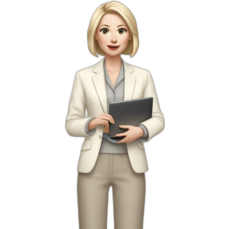 pale skin woman with ash blonde Straightened bob Hair, White Spacious classical jacket, beige palazzo Arrow pants and gray blouse holding a MacBook in the hands emoji