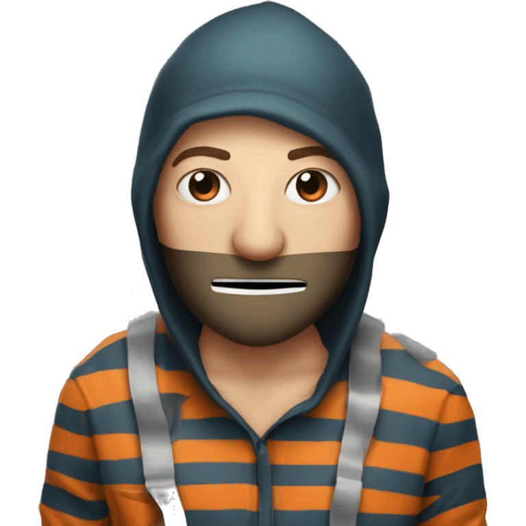 waist-deep thief on his face there is a mask up to his nose. Dressed in prison striped clothes. he stole a bag of money emoji