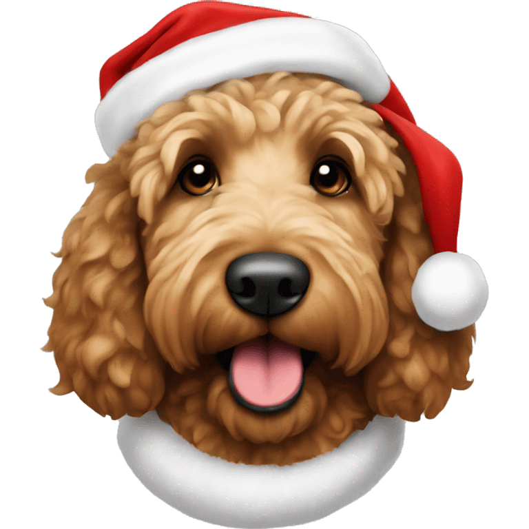 Brown golden doodle dog with Santa hat emoji