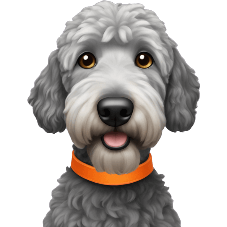 Adult Black golden doodle wearing an orange collar emoji