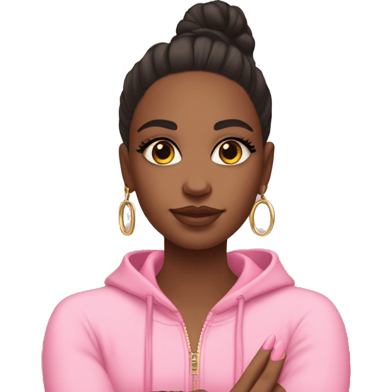 Girl emoji: pink tracksuit, hoop earrings, pink lips, lashes, nails. Poses: peace sign, nails, phone, arms crossed. emoji