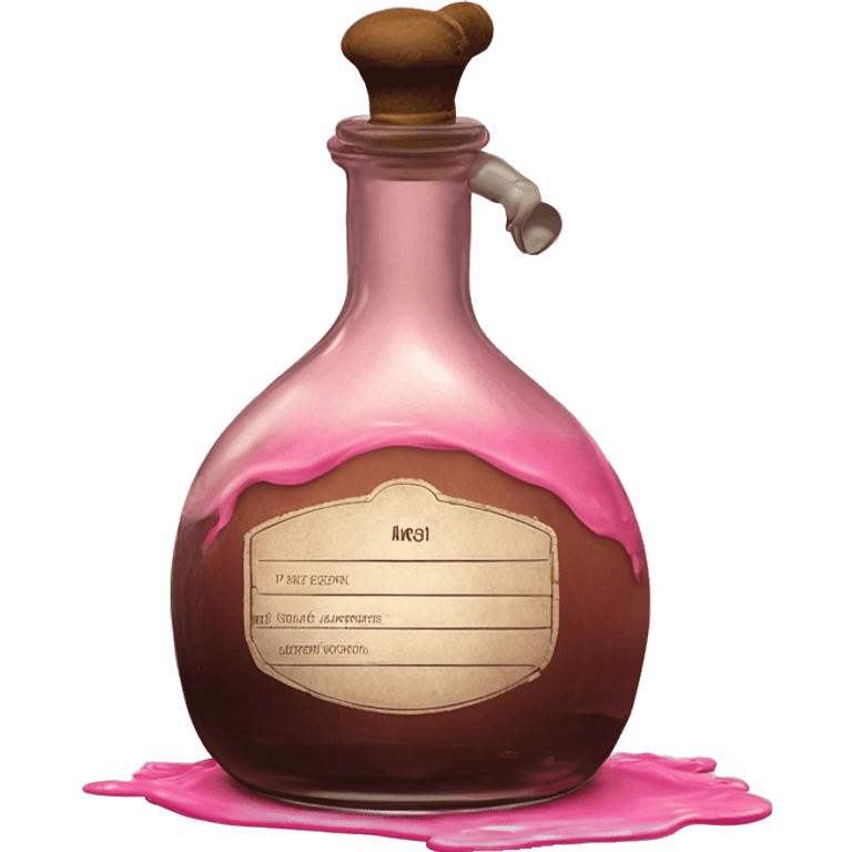 Mysterious Alchemical vintage glass potion bottle, exquisite bottle shape, old and shabby, with label, stylish and minimalistic, brown and pink, oil potion is poured out of the bottle, oil is spilled next to it emoji