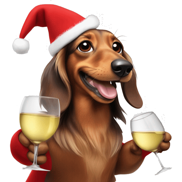 Long haired dachshund with Santas costume and cheering with a Glass of white wine emoji