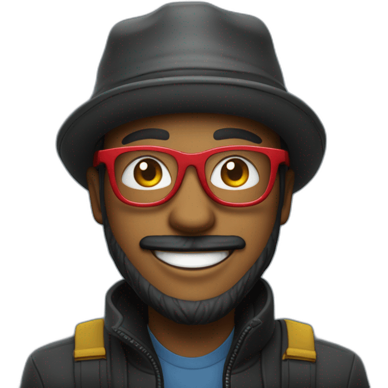 hombre , con gafas oscuras negras, sonriendo y con un gorro que tiene los colores amarillo,azul y rojo emoji