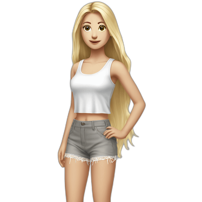 hyperrealistic caucasian female, long straight blonde hair, white lace up crop tanktop, grey mini short skirt emoji