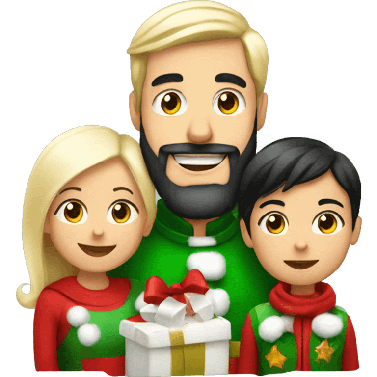 Mom with black hair, dad with blonde beard and 2 years old kid saying Merry christmas emoji