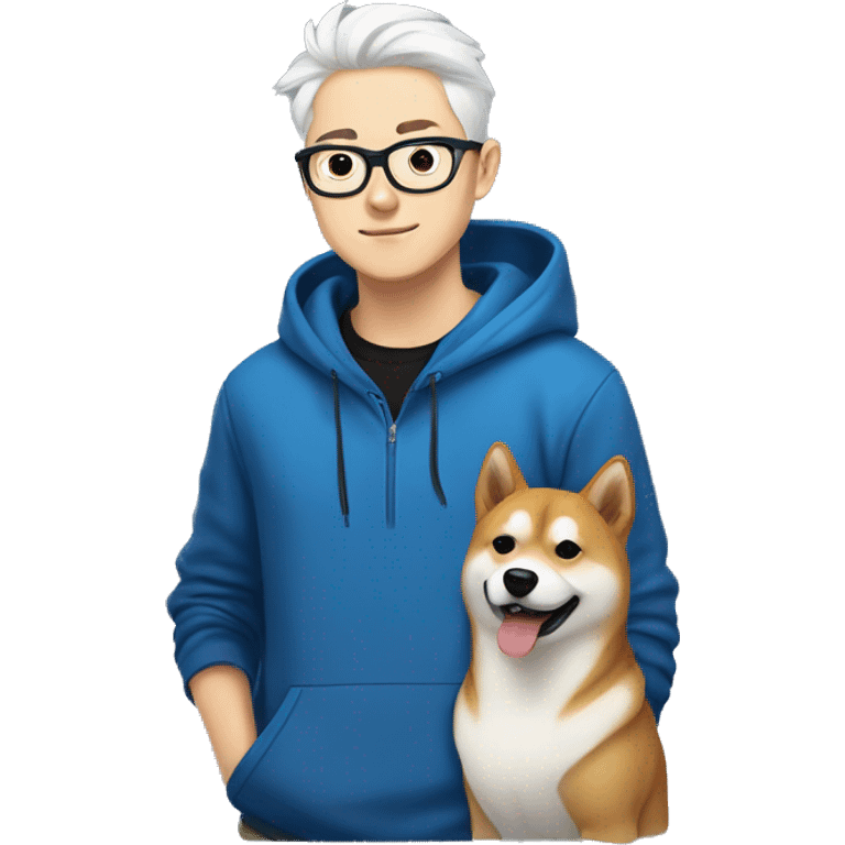 A young guy with white hair ponytail white skin black-framed glasses and nose piercing wearing  blue hoodie and a Shiba Inu dog next to him emoji