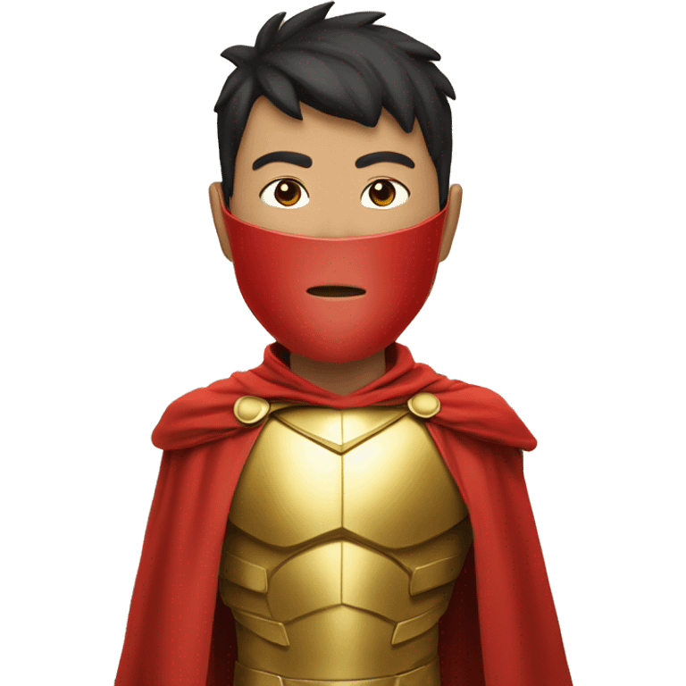 super hero, boy, asian, gold armour, red cape, face mask emoji