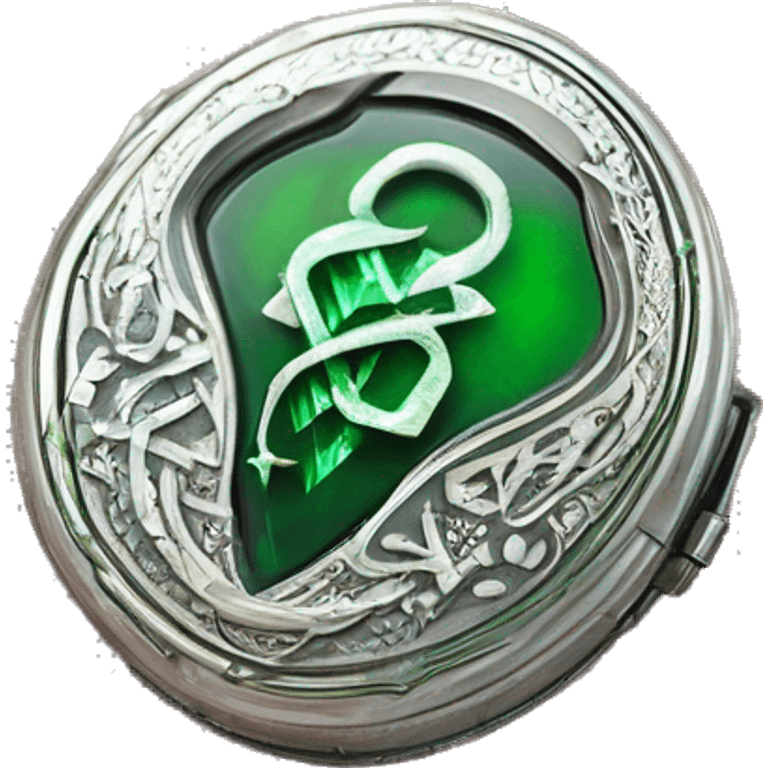 The Slytherin locket is a heavy, ornate piece of jewelry made of silver, with a large green "S" on its front. It is enchanted to contain a fragment of Voldemort's soul, making it a Horcrux, and it possesses the ability to bring out negative emotions in emoji