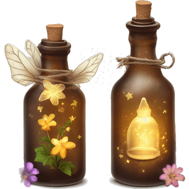 Brown magic fairy light sparkling old Antique bottle with poison and with herbal and flowers emoji