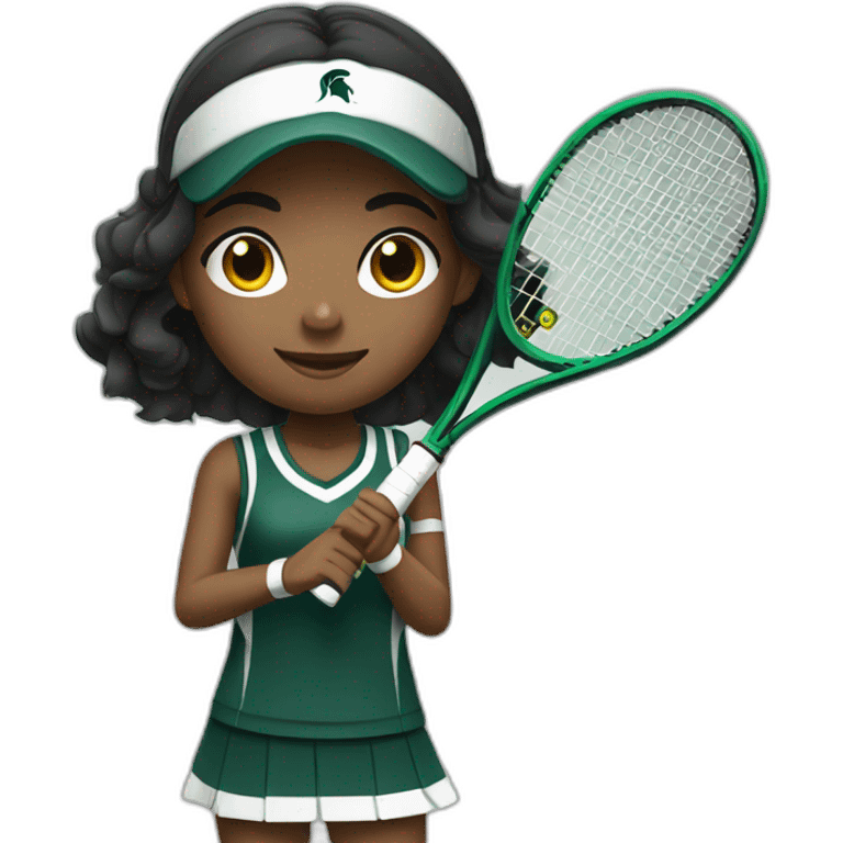 indian girl teenager playing tennis wearing a michigan state spartan uniform with wavy black hair emoji