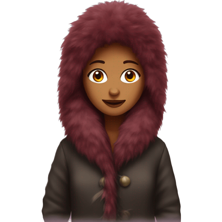 Long burgundy haired girl wearing giant fur coat emoji