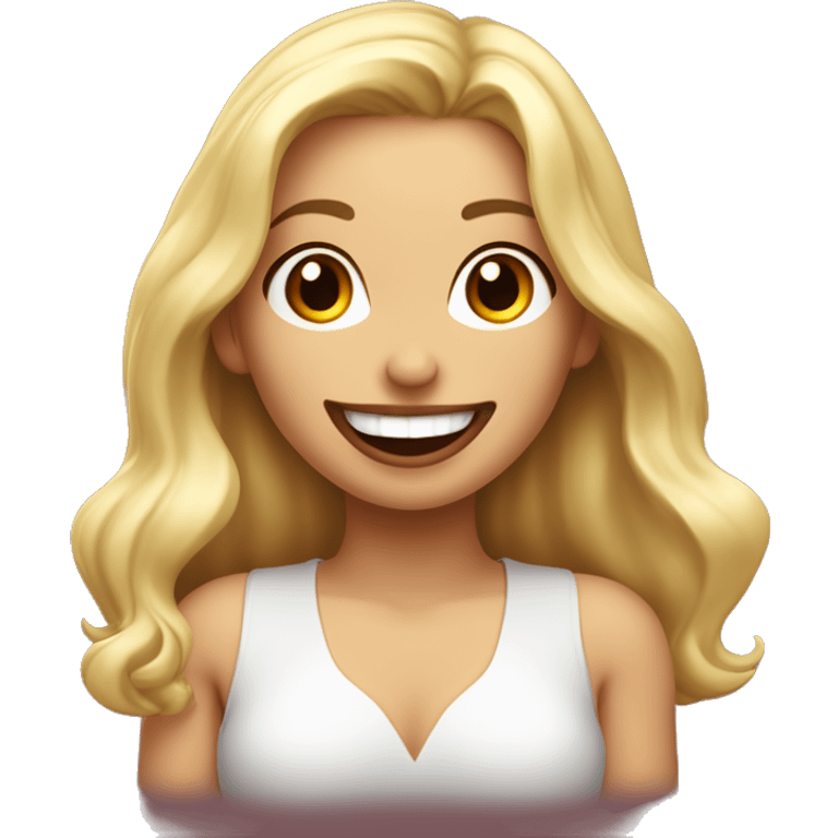 Chica rubia y de piel blanca con extensiones de pestañas y labios rojos sonriendo con boca cerrada emoji