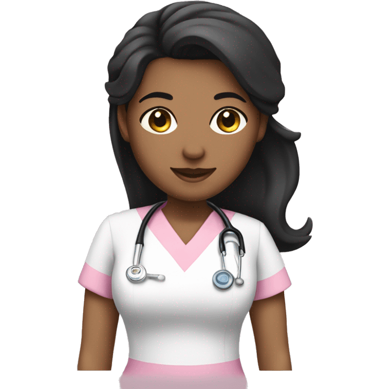 Nurse ,white girl, black hair ,pink scrubs  emoji