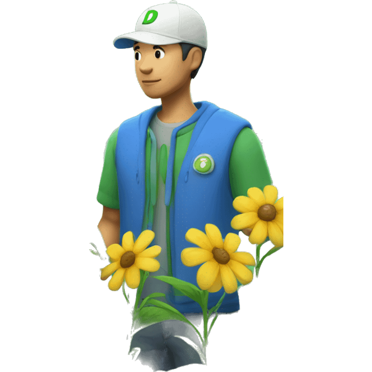 a botanist white asian man with luigi "D" cap and blue clothes holds various flowers emoji