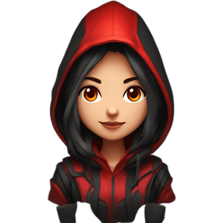 Girl developer behind his laptop with this style : Riot Games Valorant black red glowing bright red character red black hooded assassin themed character emoji