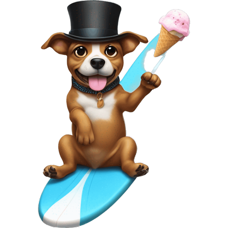 Dog on a surfboard wearing a top hat eating ice cream emoji