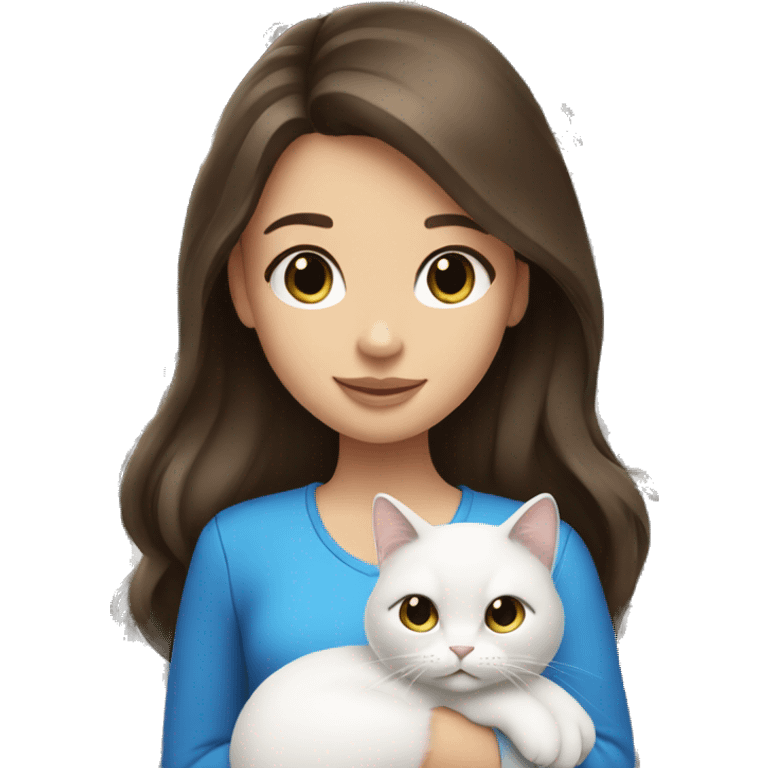 brunette girl with long hair and holding a white cat with blue logos emoji