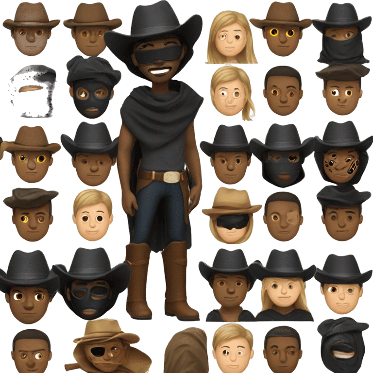 Black guy in black cowboy hat and black face mask and brown poncho  emoji