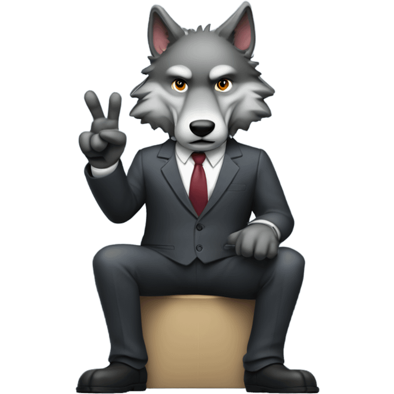 Wolf ceo wearing a suit determined smirking full body pose hands showing a peace sign  emoji