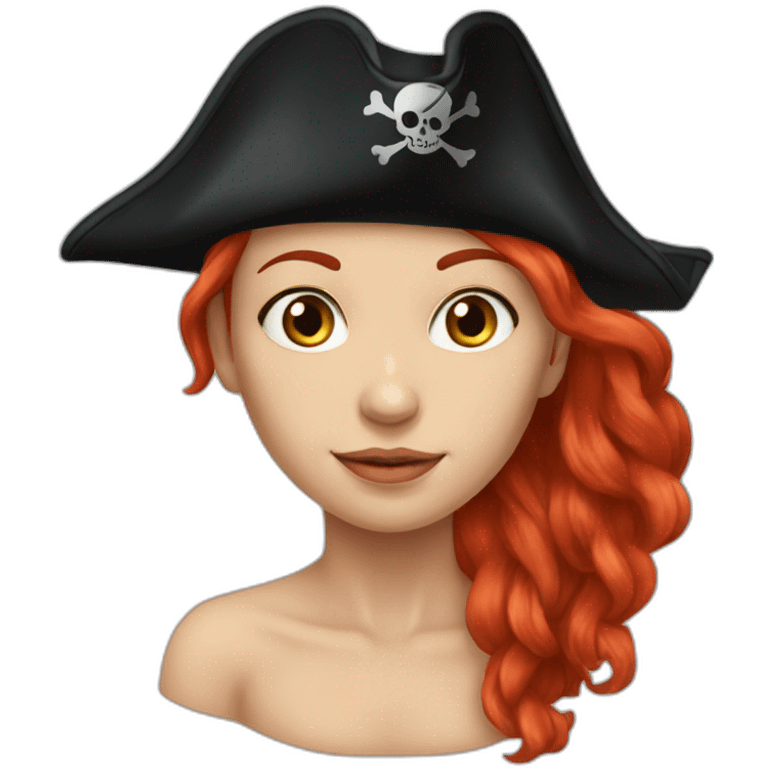 Woman long red hair.pirate hat. One side of head has no hair. skull and crossbones t shirt emoji