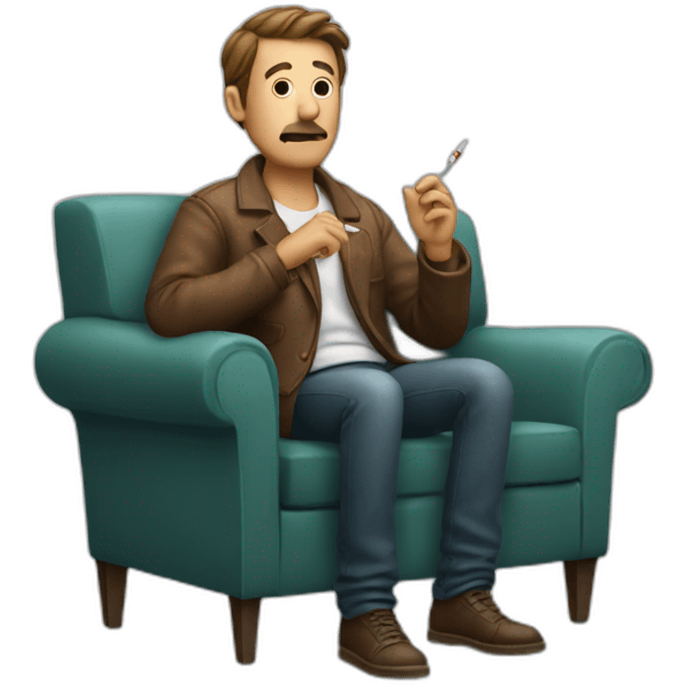 man sitting on a couch with a cigaret on then hand emoji