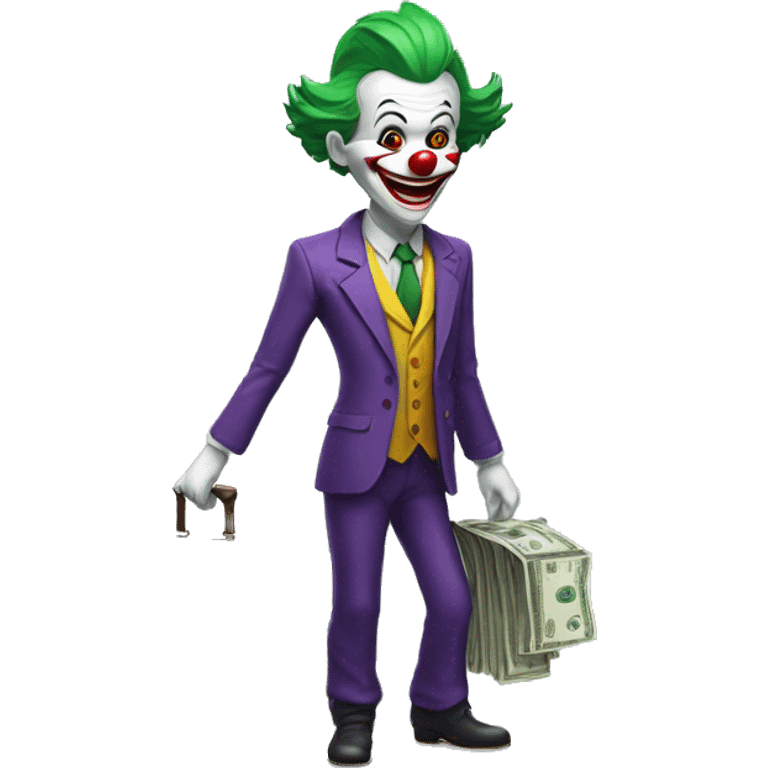 Skinny Clown looking like the Joker in a business suit with a suitcase of money in his hand in full growth emoji