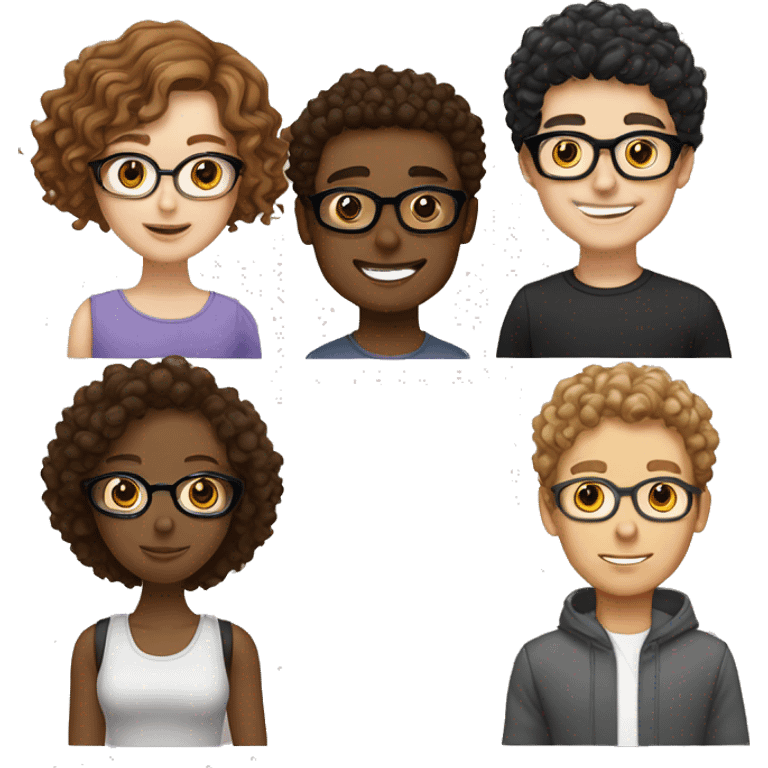 Group of friends 3 girls one guy. Girls are pale, one has curly brown hair, one has wavy brown hair, one has straight black hair. The guy is tan and with short curly brown hair and glasses emoji