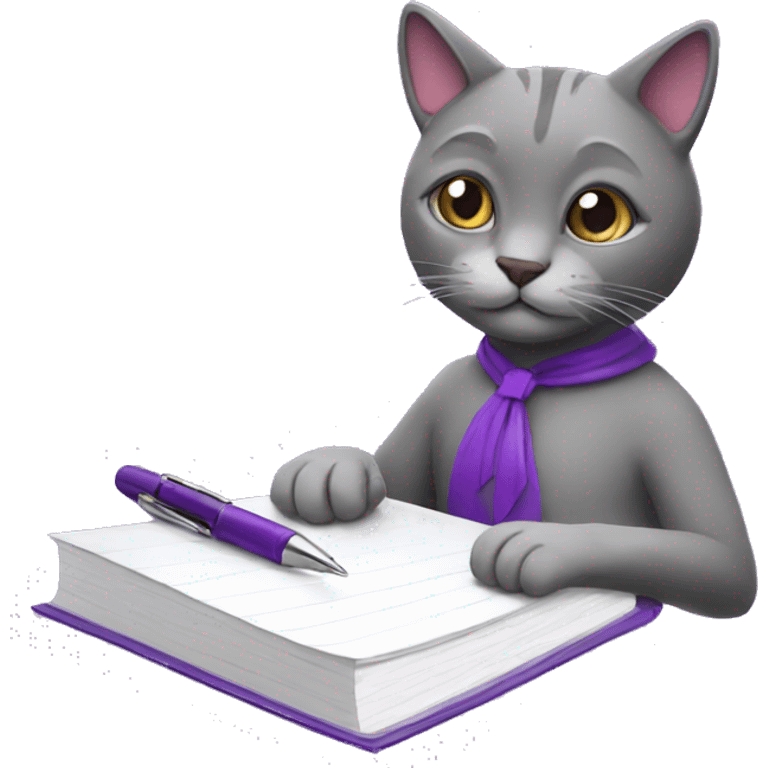 Purple humanised Cat with a notebook and pen emoji