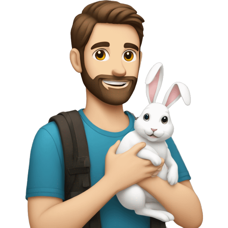 Brunette guy with a beard holds a white rabbit  emoji